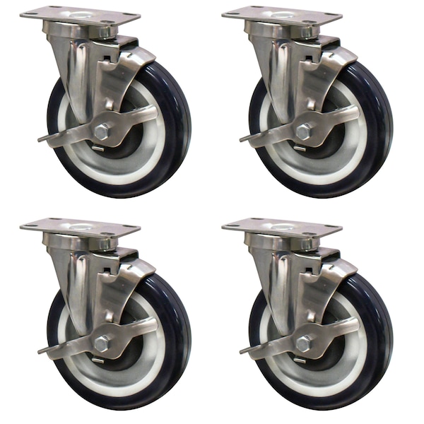Bk Resources 5-inch Universal Stainless Steel Swivel Casters, Polyurethane Wheels, Brake, 300lb Capacity, 4PK 5SS-1PT-PLY-PS4 - main
